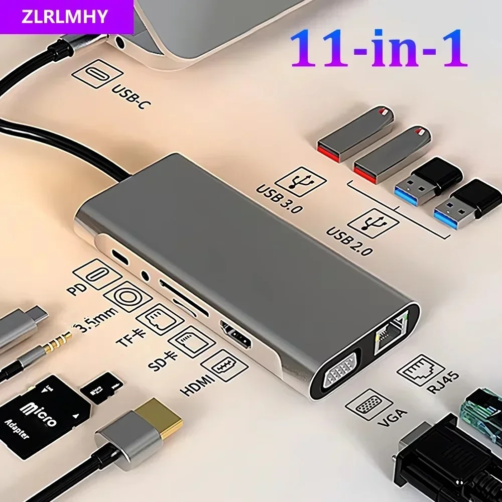 

ZLRLMHY 11 in 1 Type-c USB 3.0c To 4K HDMI Compatible VGA PD RJ45 100M Adapter Hub for MacBook Pro Air Laptop Docking Station