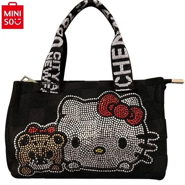 MINISO 2024 New Cartoon Flash Diamond Hello Kitty Crossbody Bag for Women\'s Sweet and Versatile Mobile Portable Storage Bag