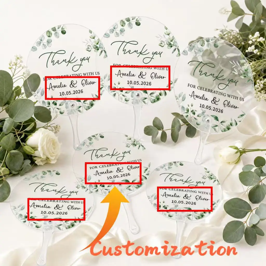 20Pcs/40Pcs/60Pcs/80Pcs Personalized Custom Thank You Name and Date Transparent Plastic Fans with Single-Sided Printing, Wedding Engagement Party Props, Wedding Party Gift Fans—Plastic Handheld Green Plant-Shaped Fans with Handles, Suitable for Wedding Ceremonies, Bridal Showers, and Guest Use, Also Suitable for Holiday Atmosphere, Valentine's Day Decorations, Banquet Props, Elegant Wedding Style, Lightweight Cooling Fans