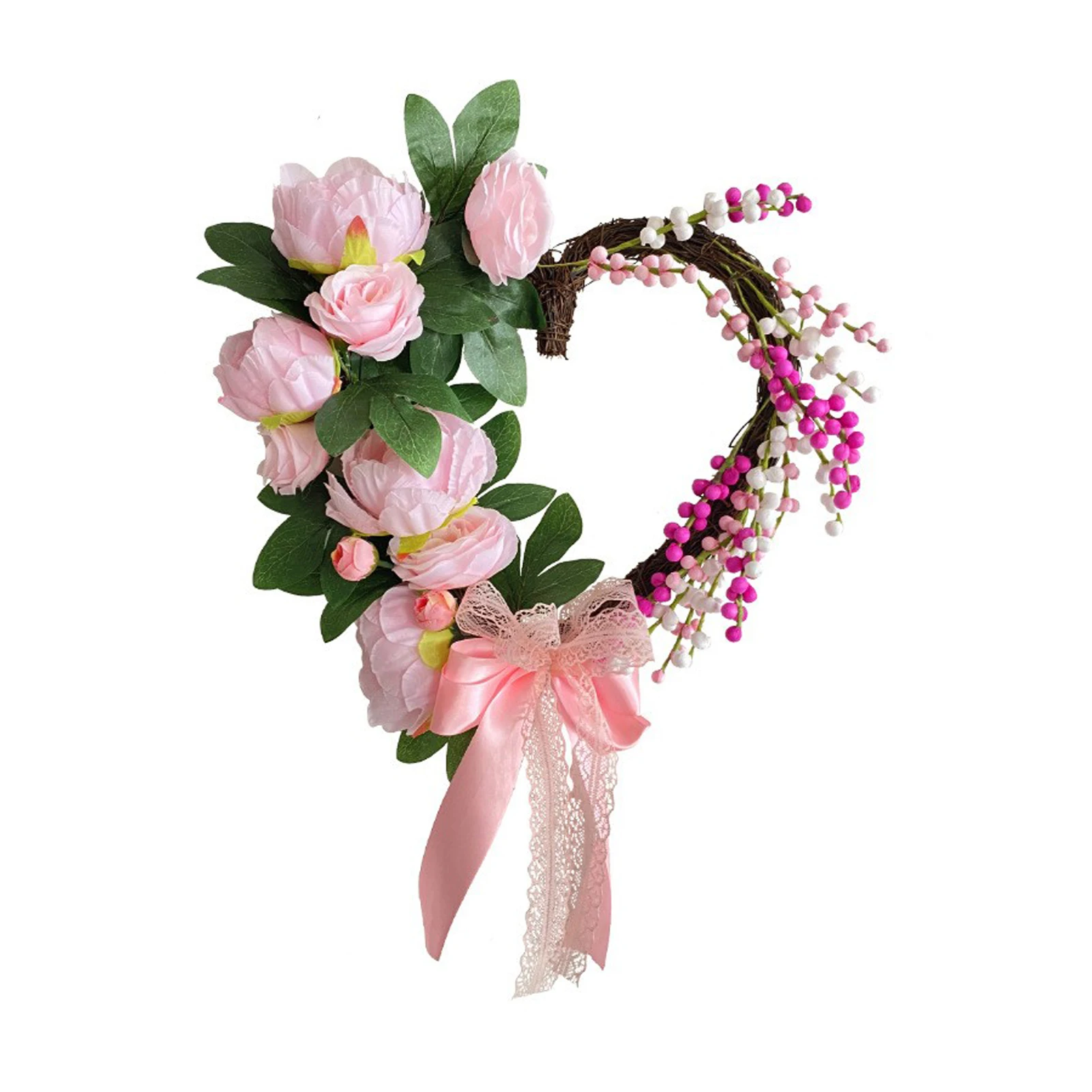 

Creative Valentine's Day Dried Branches Love Heart Shape Wreath Pink Silk Bow Leaves Garland Wedding Scene Decoration Props