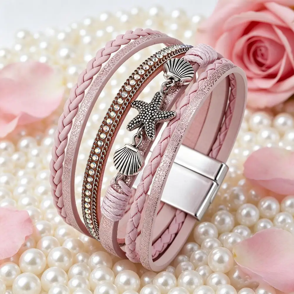 Women Braided Bracelet Multi-Layer Bohemian Faux Leather Rope Starfish Shell Decor Secure Closure Wristband Wrist Accessory