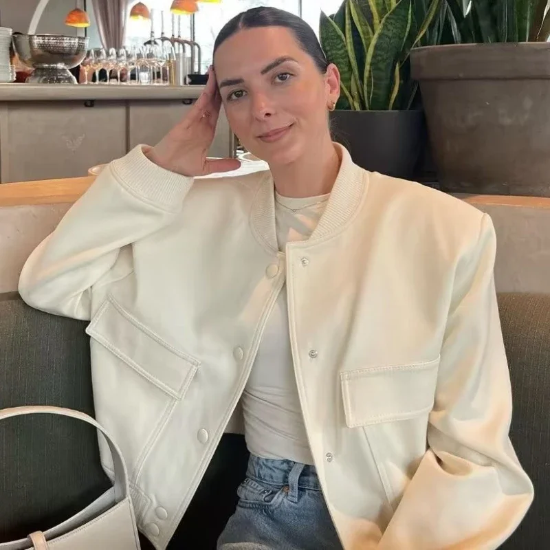 Button Baseball Cropped Jackets Woman's Elegant Solid Large Pockets Splicing Long Sleeves Loose Coat Autumn Winter New