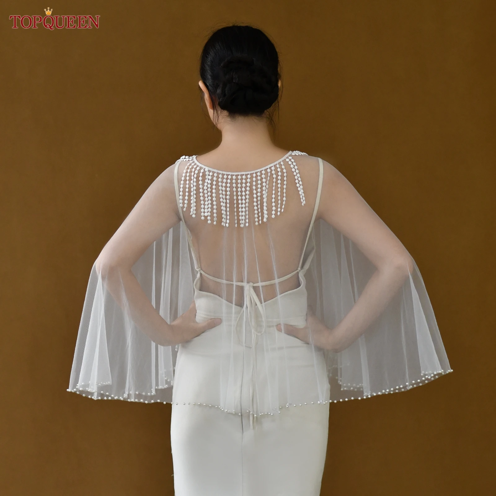 

TOPQUEEN свадебная шаль с жемчужной каймой, свадебный аксессуар для женщин, короткий пуловер с небольшим плащом на плечо, накидка по индивидуальному заказу MG70