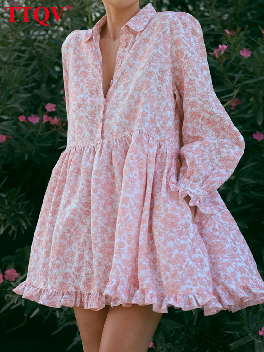 

TTQV Fashion Loose Print Women's Dress 2024 Casual Lapel Long Sleeve Mini Dresses Elegant Classic Pleated Female Dress
