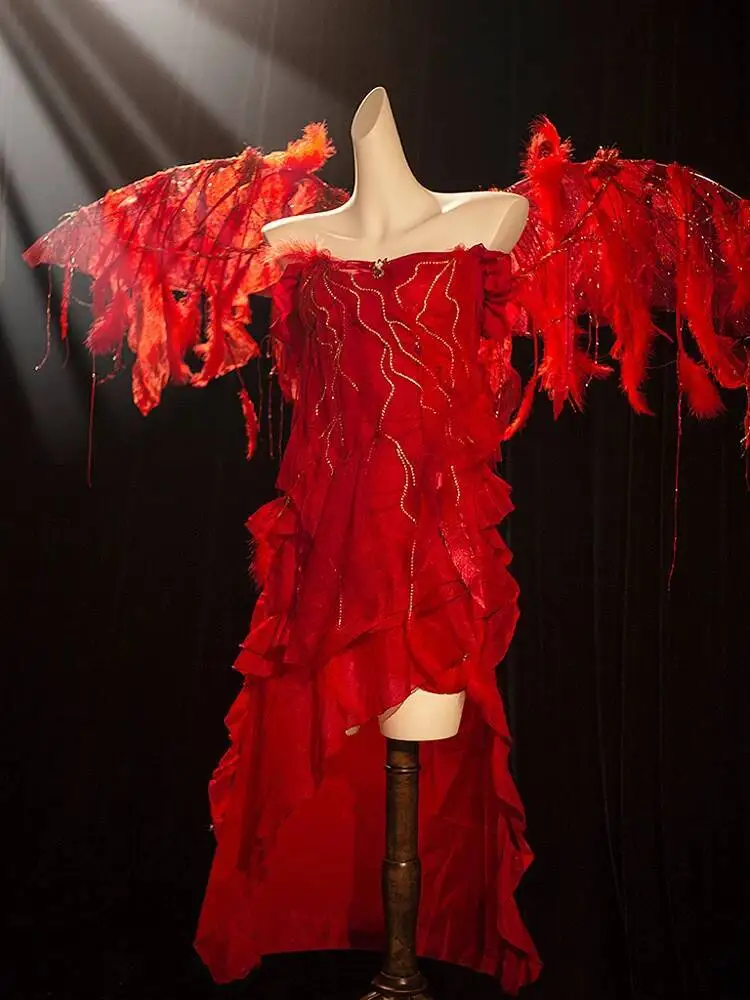 

Passionate Red Dress Redemption Design Handmade Irregular Broken Dress Atmosphere Red Skirt Broken Heart Red Dress Cos Elf Dress