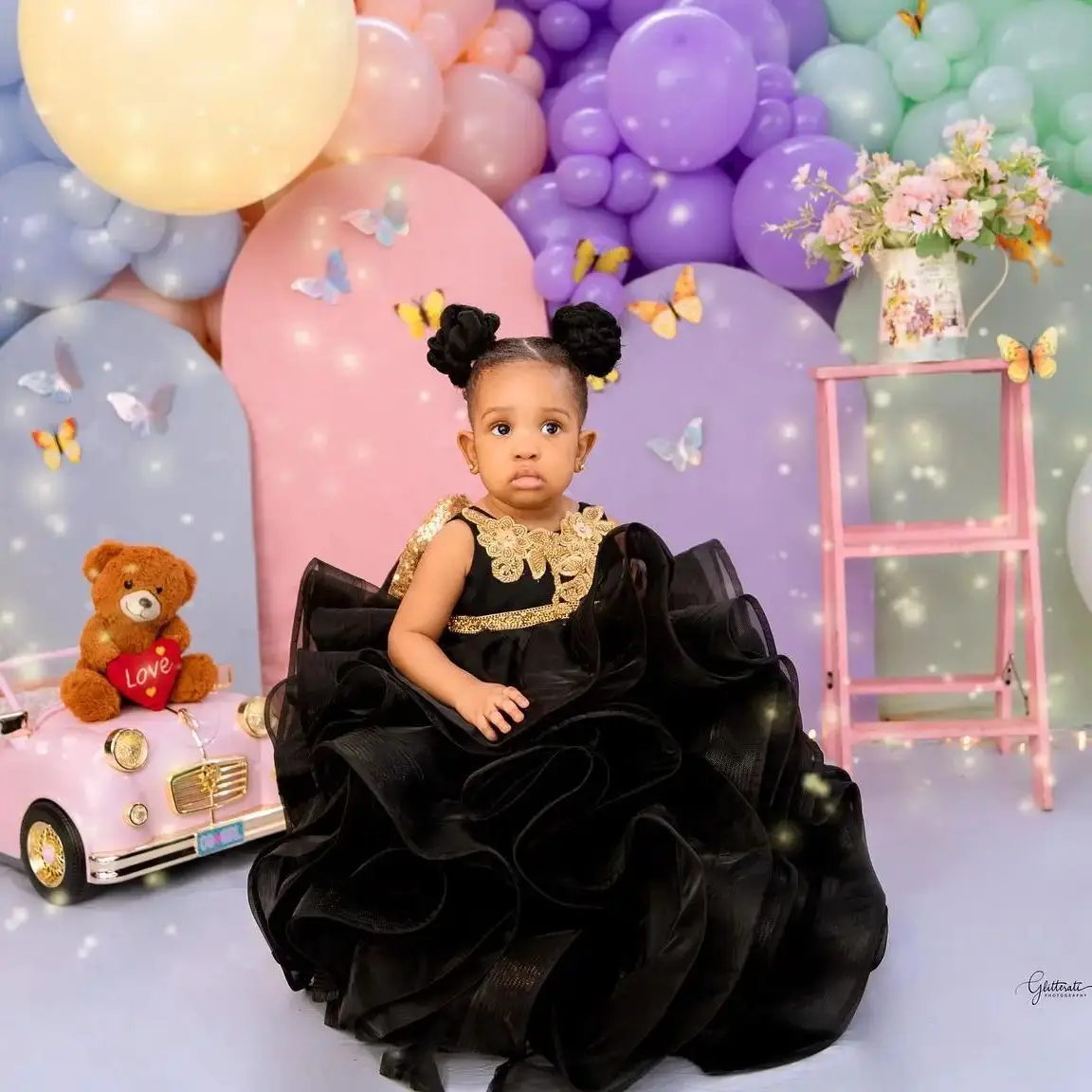 Black Girls Birthday Party Dresses Customized Gold Beading Sequins Flower Girl Dresses Kids Little Baby Ball Gowns for Wedding