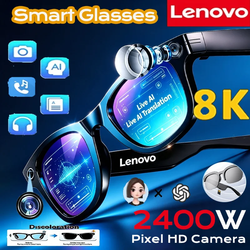 Lenovo 8K 2400MP AI Smart Glasses Insert Cards Translation Bluetooth Conversation Recording Listening To Music Smart Sunglasses