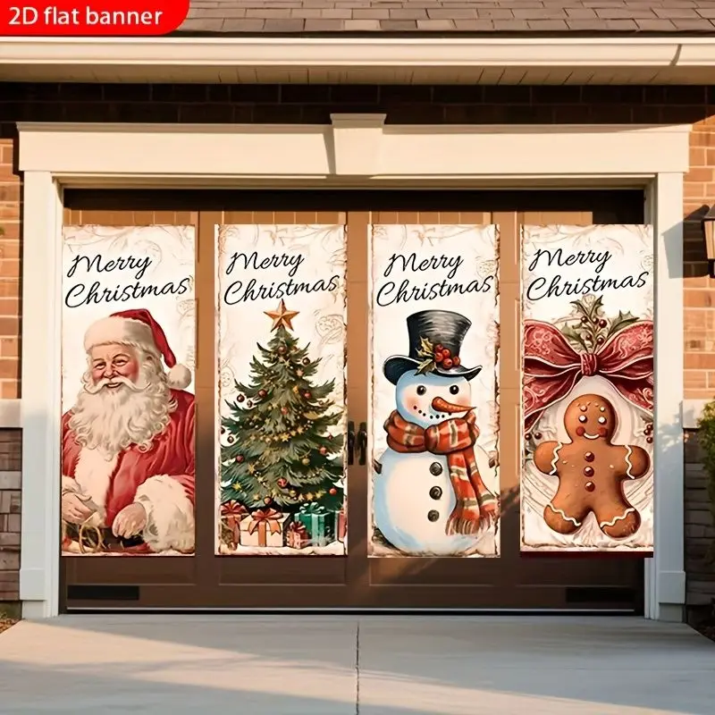 VIKAMA Wall Decor for Living Room Christmas, 4 Pc Retro Flat Banner Santa Snowman Gingerbread Tree, Holiday Wall Art
