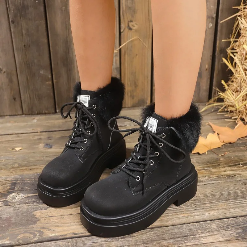 Shoes for Women 2024 High Quality Cross Lacing Women's Boots Fashion Short Plush Modern Boots Women New Round Toe Naked Boots