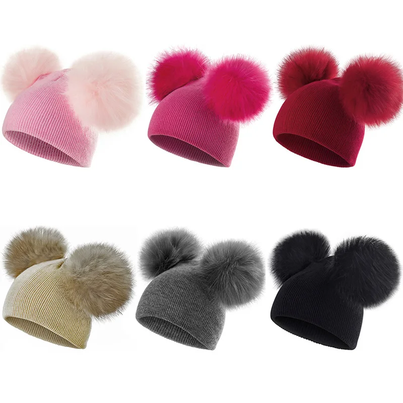 Gorro con pompón doble para bebé, gorro de punto de Color sólido para niño y niña, gorro para niño pequeño, accesorios cálidos a prueba de viento