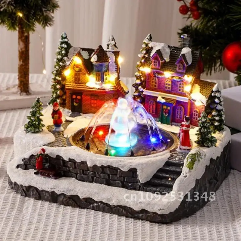 Glowing Resin Snow House Music Water Fountain Animated Statues Figurine Decor Colorful LED Lighted Xmas Village Scene Ornament