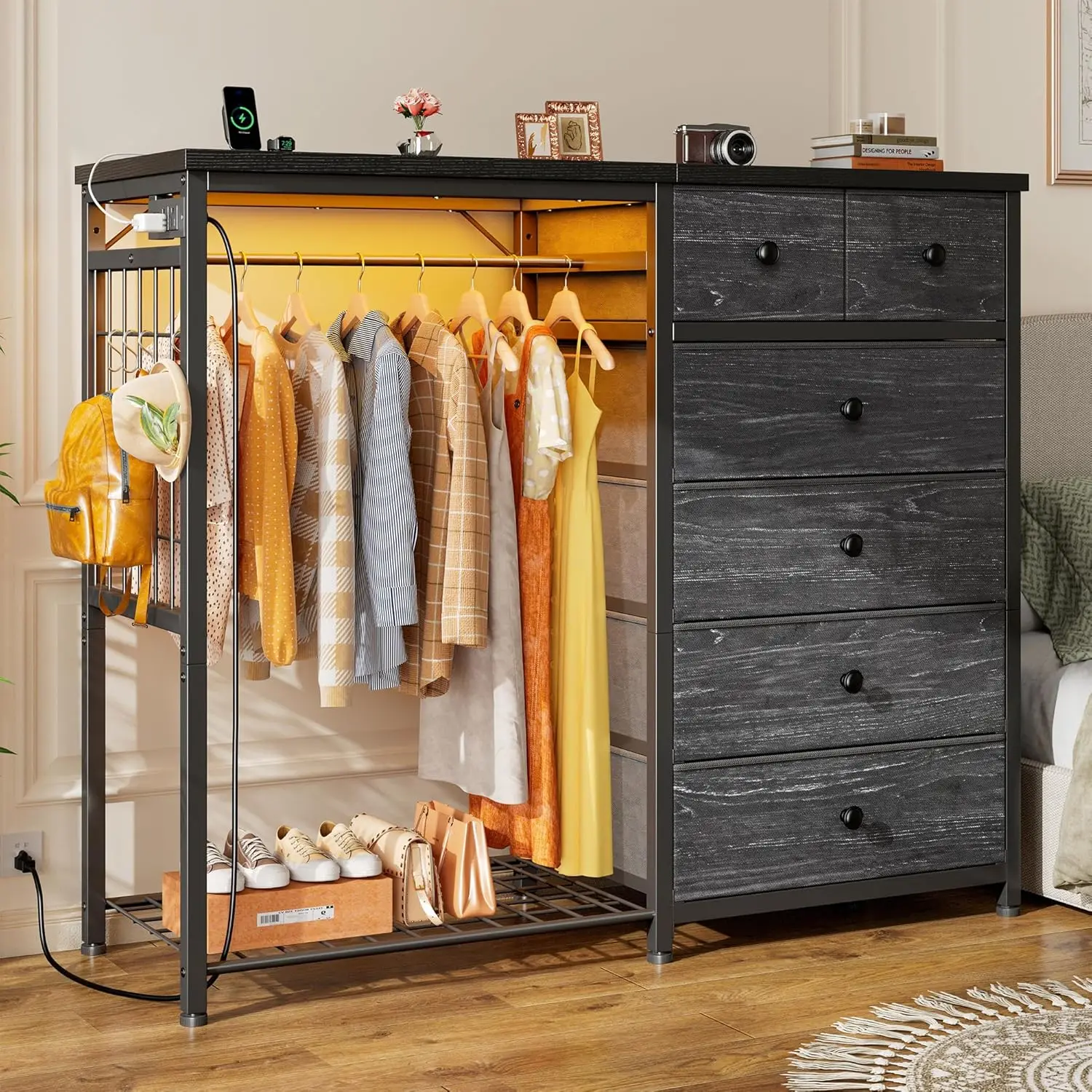 

49.2" W Dresser for Bedroom with Hanging Rack 6 Drawers Dresser with LED Lights & Charging Station, Fabric Dressers & Chest of