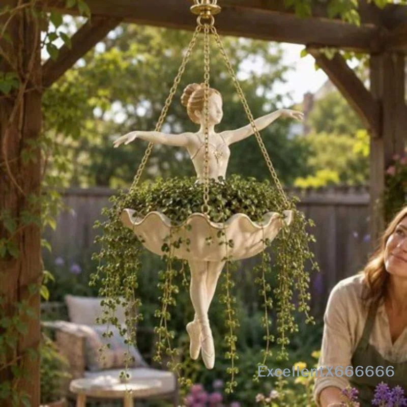 Resin Ballet Dancer Hanging Planter Elegant Ballerina Figure Hand Carved Fairy Flower Pot Whimsical UV Resistant