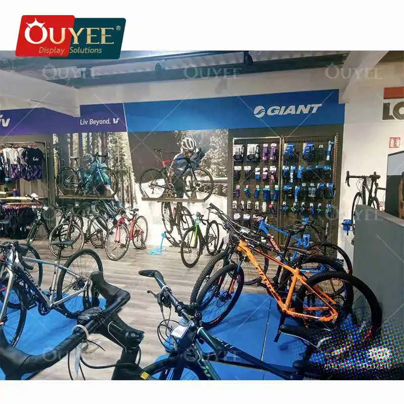 Customized-cycling retail shop furniture showroom bike wall display workshop cabinets bike shop interior design