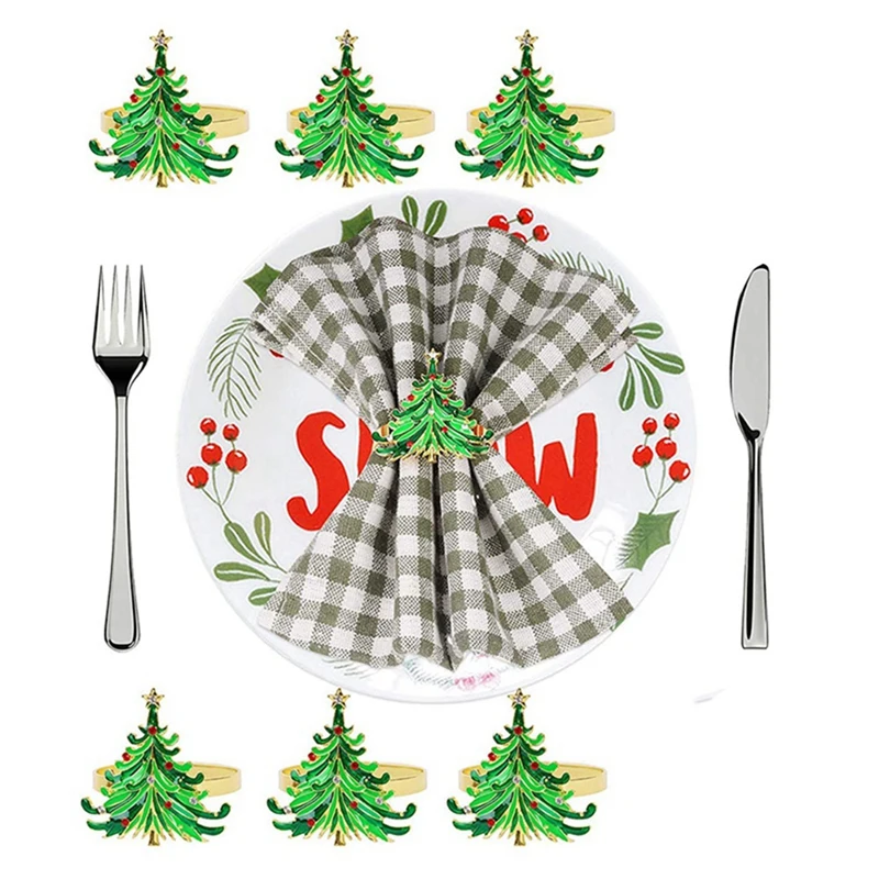 Napkin Buckle Green Chirstmas Tree Golden Rings Designed With Red And White Diamond For Christmas Dinning Table