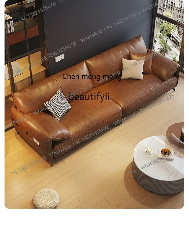 

178CC Italian light luxury leather sofa living room simple first layer cowhide straight row oil wax leather sofa