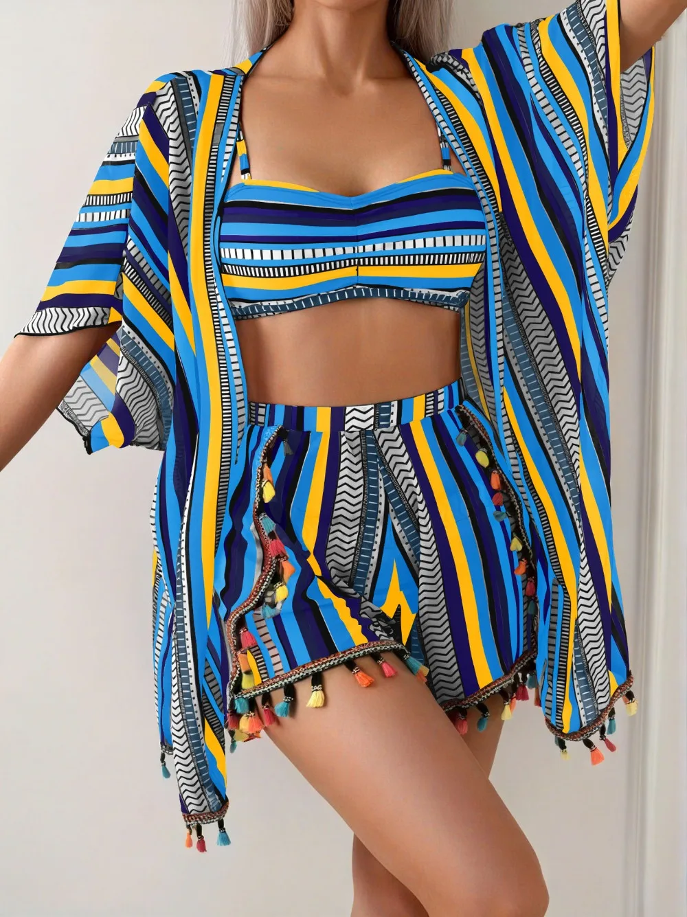 

Новая солнцезащитная блузка, сексуальное бикини с кисточками, купальник из четырех частей, женский костюм