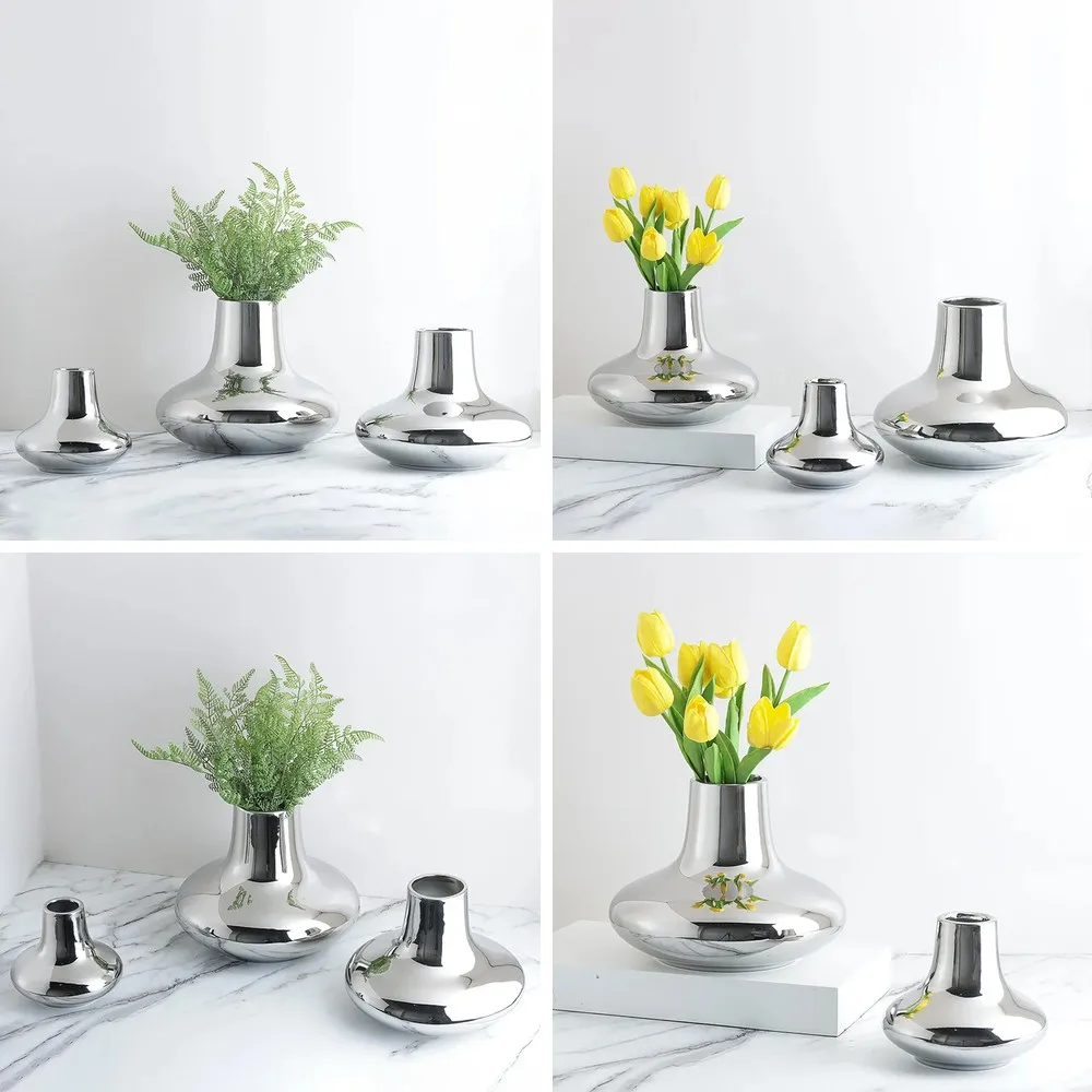 

Silver Cone Ceramic Vase for Flowers, Modern Home Table Decor, Minimalist French Luxury Style