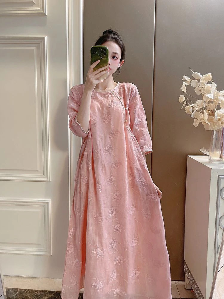 2024 Spring Summer Women Embroidery Beige Green 3/4 Sleeve Linen Long Dress , Woman Casual Vintage Dresses