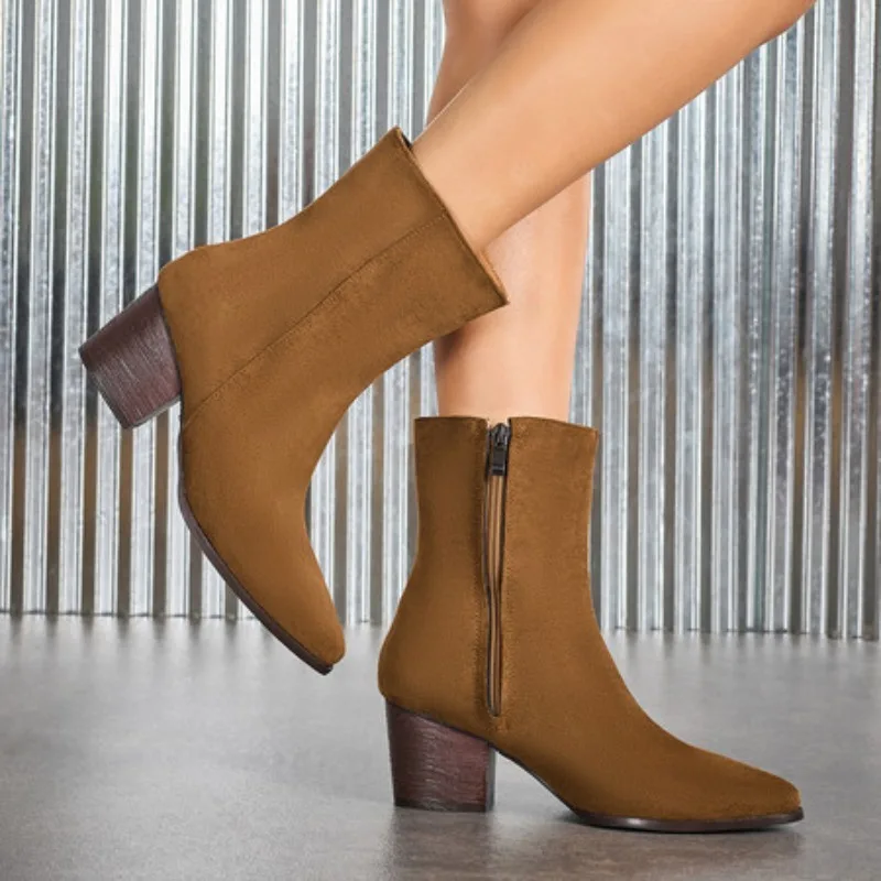 

Fashion Short Boots Women's Pointed Toe Thick Heel Autumn Winter Side Zipper Comfortable Ankle Boots Vintage Platform Shoes