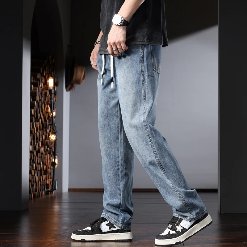 Blue Loose Men's Jeans Summer Casual Baggy Straight Elastic Waist Drawstring Denim Pants CP2236