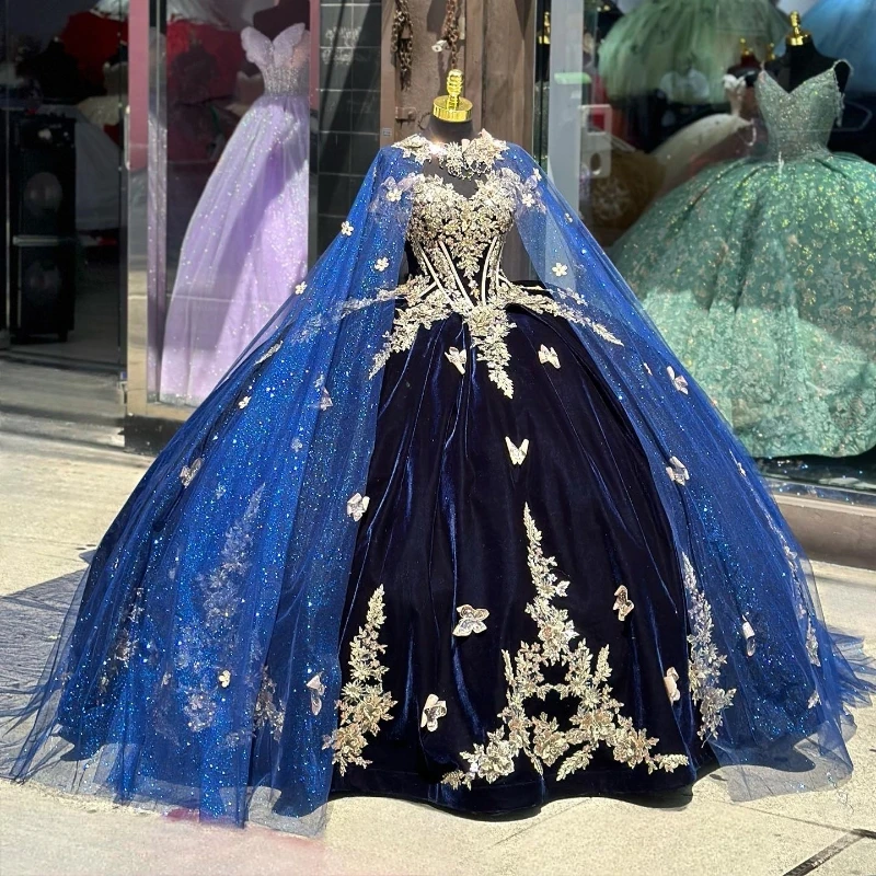 

Navy Shiny Sweetheart Quinceanera Dresses Gold Applique Bow Ball Gown Princess Birthday Party Sweet 16 vestidos de 15 With Cape