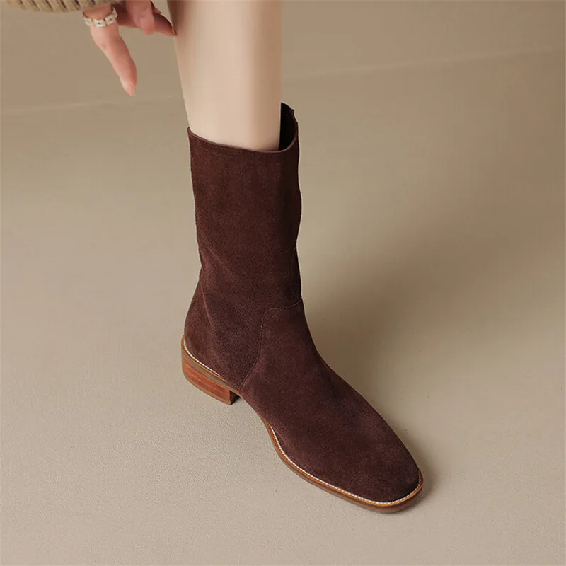 2023 New Autumn Winter Cow Suede Women Boots Square Toe Mid-calf Boots for Women Chunky Heels Boots Zapatos Mujer Western Boots