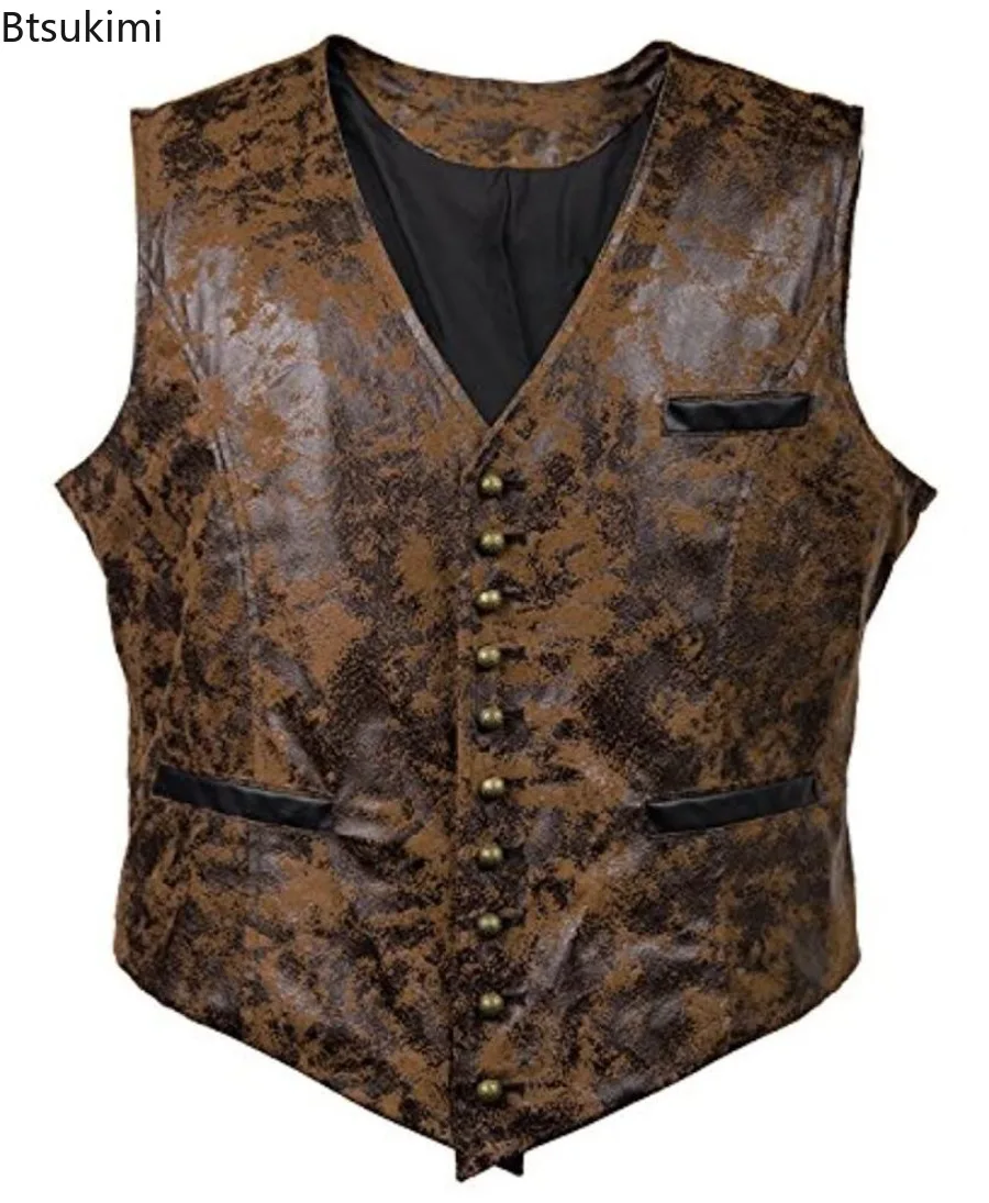 

Men Slim Steampunk Cosplay Costume Vests Sleevele Jackets New Rivet Button Faux Leather Cowboy Waist Coat Single Breasted Jacket