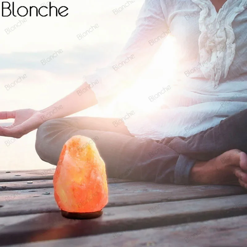 Himalayan Crystal Salt Lamp LED Rock Night Light Hand Carved Wooden Base Stand Light Air Purifier Bedroom Home Decor Luminaire