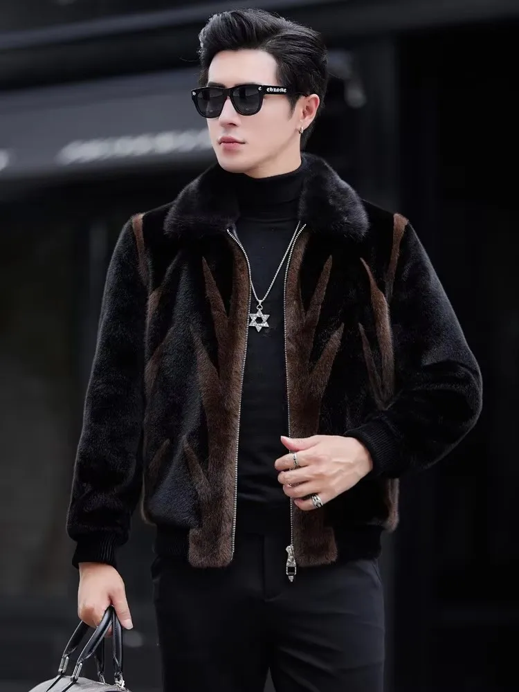 Men Genuine Leather Spliced Artificial Fur Outerwear Slim Fit Winter Coat Real Mink Fur Collar Spliced Jackets Zip Lapel Coats