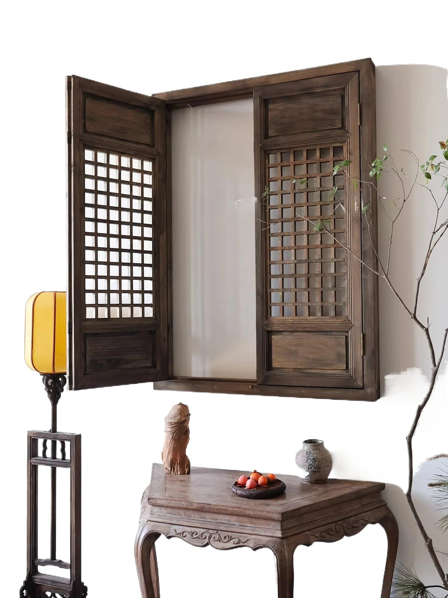 Window Chinese retro old window antique solid wood lattice carved window tea room background decoration