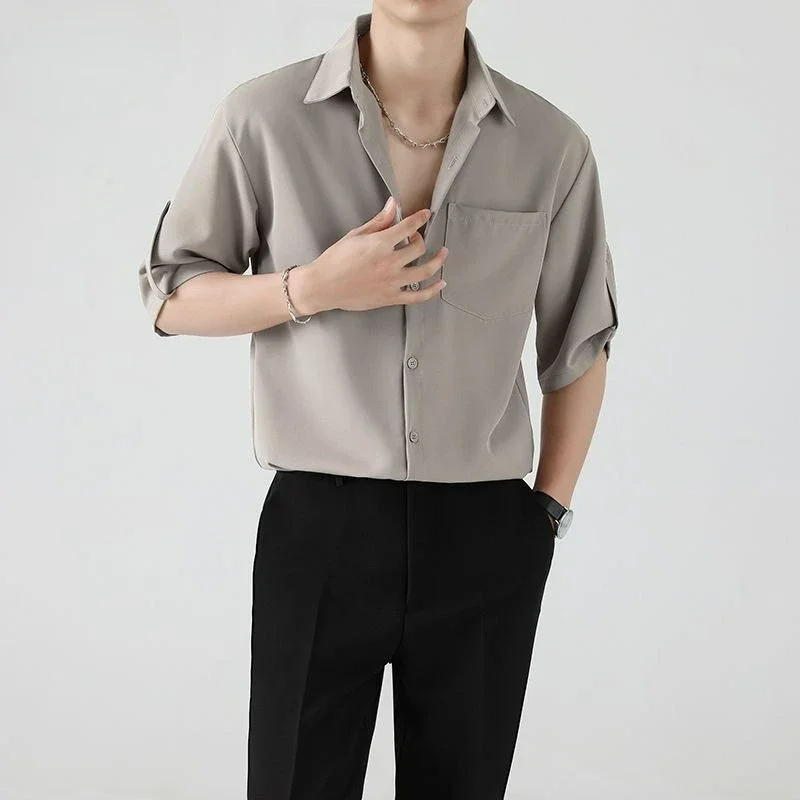 Loose Plus Size Solid Color Tops Male Shirt Men Summer Advanced Sense Korean Style Trend Casual Ice Silk Cropped Sleeve Shirt