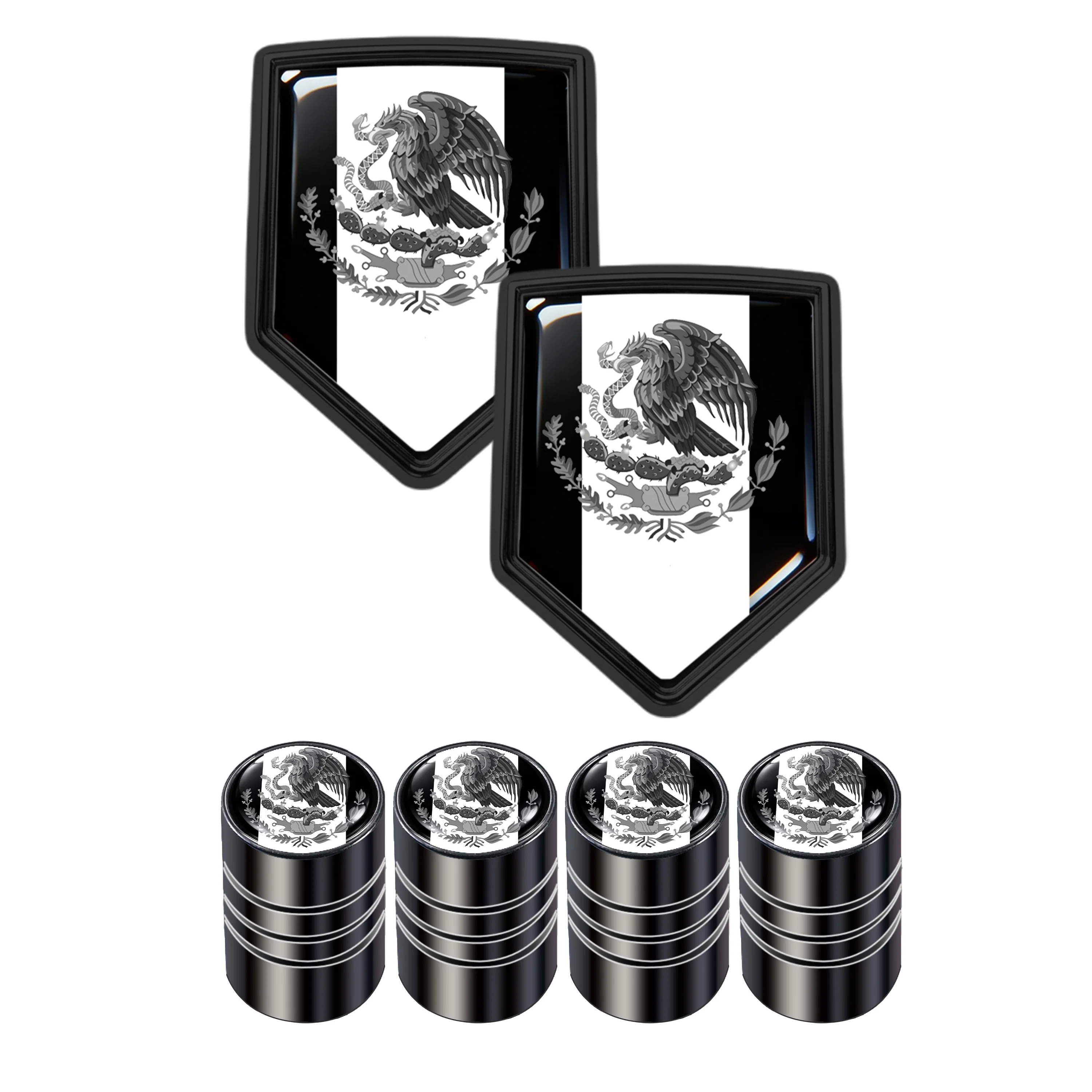 

2-Pack Black and White Mexico Flag Shield Decals & 4-Pack Valve Stem Caps for Cars SUVs Trucks Durable Mexican Auto Accessorie