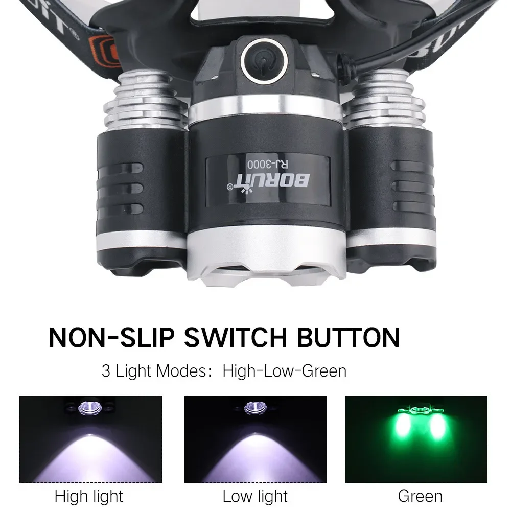 BORUiT RJ-3000 Green LED Headlamp 3000LM Powerful USB-Type-C Rehargeable Headlight Waterproof Camping Fishing Head Torch