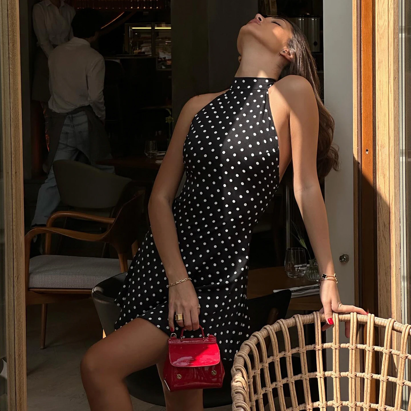 فستان قصير نسائي عتيق برباط ورقبة رسن من Combhasaki Y2k طباعة نقطية بدون أكمام مفتوح الظهر على شكل حرف a فستان قصير نادي الحفلات اليومي #3