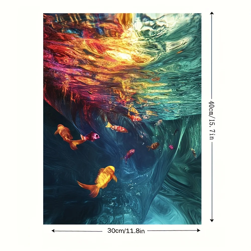 Vibrant Underwater Spectrum Canvas Art, 8x15 Inch Frameless Wall Decor – Colorful Fish in Turquoise & Golden Swirls, Perfect for