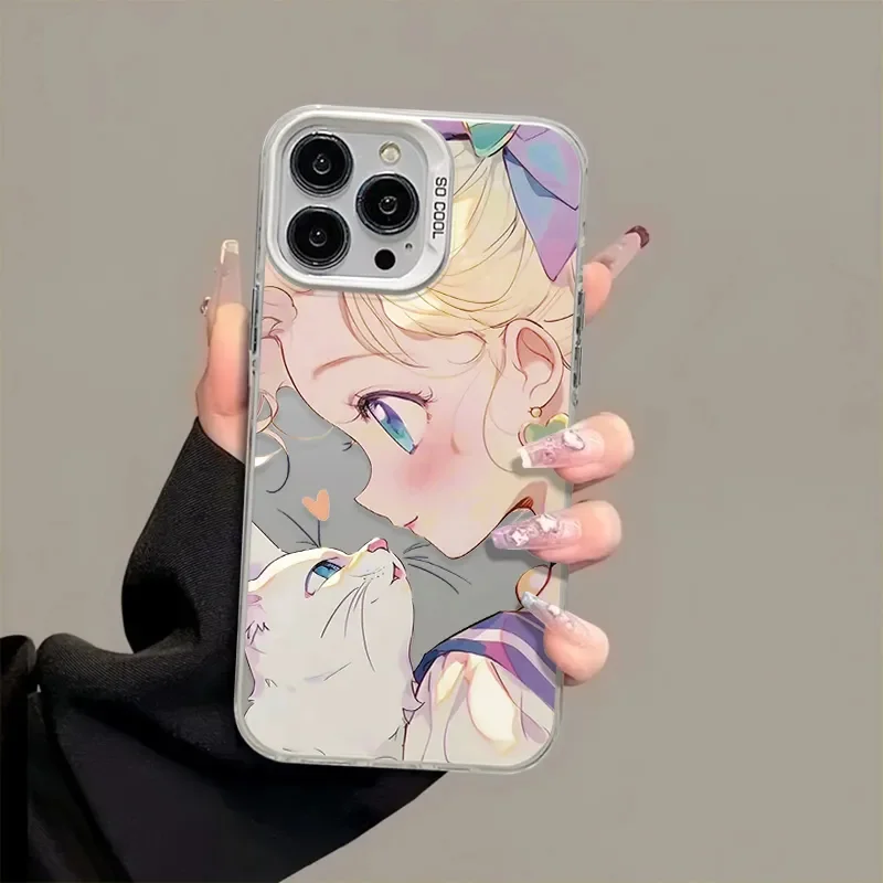 Cartoon Kawaii Blonde Girl Cat For iPhone Case 16 15 14 13 12 11 Pro XR XS Max 7 8 Plus Shockproof Soft Phone Pink Cute Cover