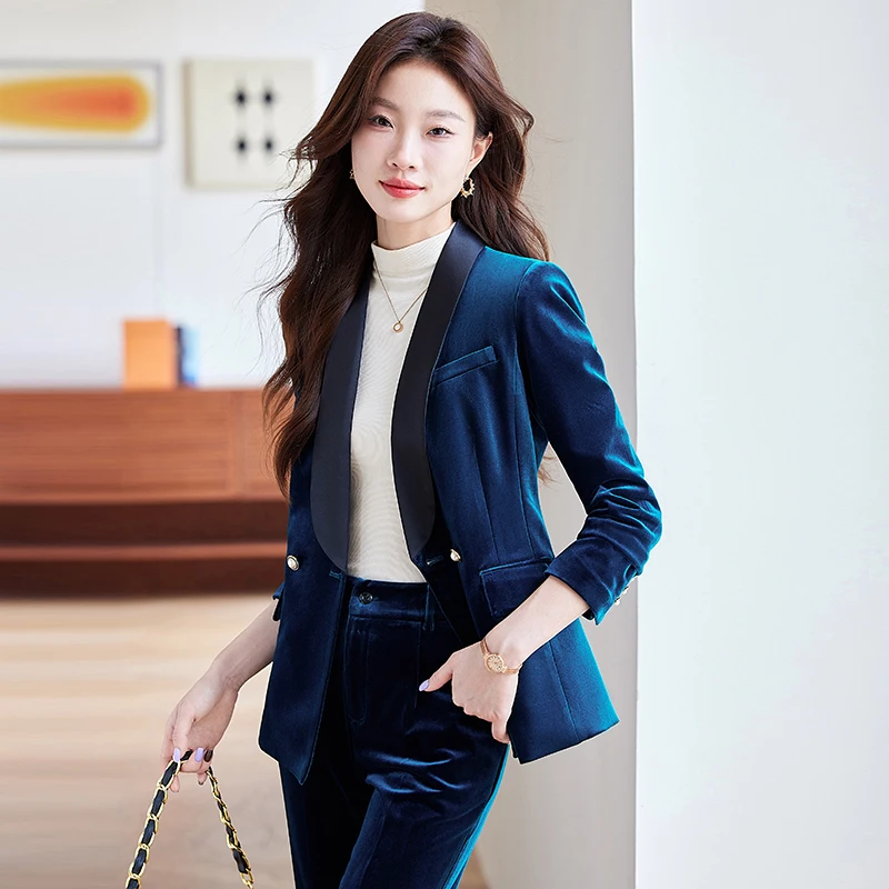 High Quality Fabric Velvet Formal Pantsuits Autumn Winter Career Interview Trousers Set Professional Blazers for Ladies Women