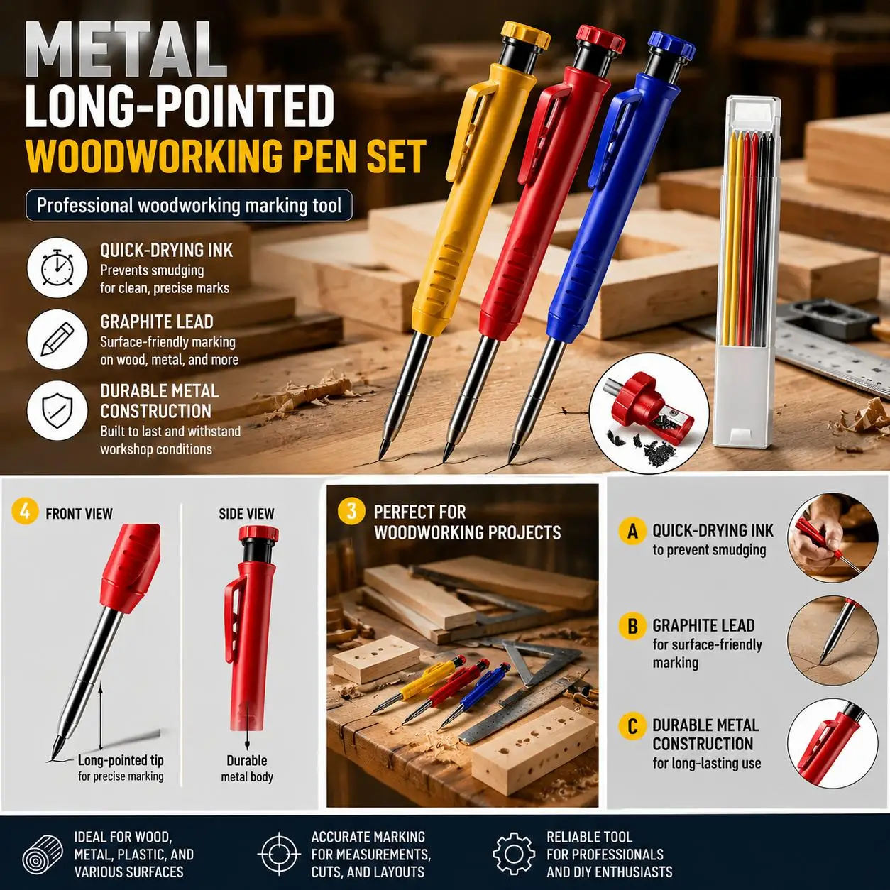 Workshop Marking Tools - Metal Long Tip Woodworking Pencil with