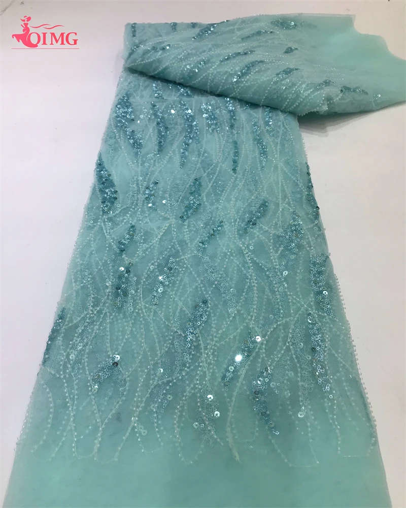 

OIMG Nigerian Heavy Handmade Beads Tulle Lace Fabric for Women, African Luxury Sequins, Evening Cloth Dresses, 2024