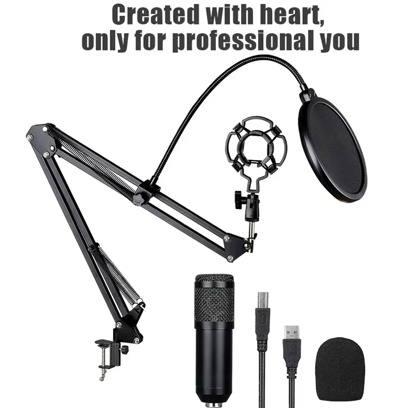 BM-800 USB Metal Recording Microphone with Reverb Function and Stand Condenser Studio Live Broadcasting Microphone