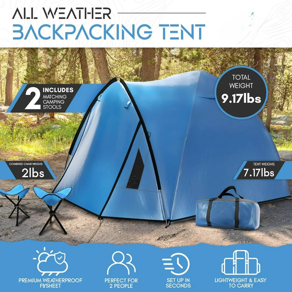 Tents Home Camping Tent Waterproof 2 Person Tent with 2 Benches, Tote Bags, Porch Area & More - For Camping Hiking Pop Up Tent