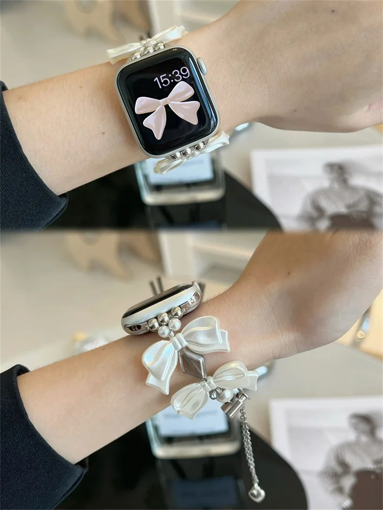 Милый корейский браслет с бантом для Apple Watch Band Ultra2 49 мм 45 44 41 42 38, регулируемый ремешок Correa для часов серии 9 8 7 SE 6
