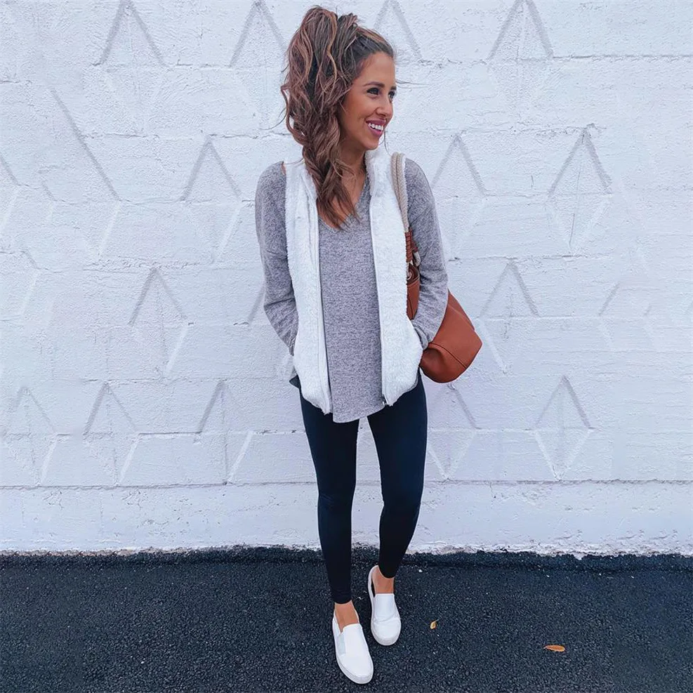 Women Vest Coat 2025 Europe Pocket Zipper Plush Solid Color Stand Collar Sleeveless Waistcoat Vest women's Clothing