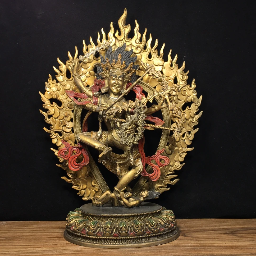 

14"Tibetan Temple Collection Old Bronze Painted Kurukulle Dakini Standing Buddha Backlight Lotus Platform Worship Hall