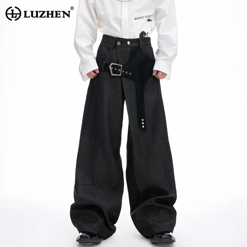 

LUZHEN 2025 New Personalized Leather Decorate Patchwork Design Loose Straight Casual Pants Men's Fashion Streetwear Male JY3353