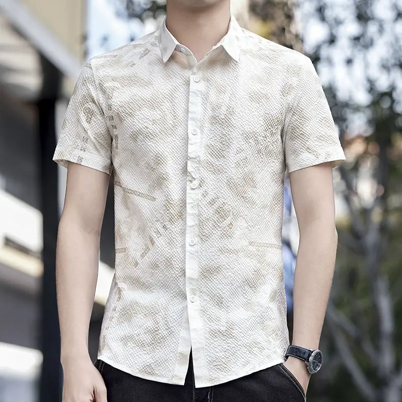 

New summer short-sleeved men's printed trendy handsome shirt versatile slim-fit fashionable top shirt
