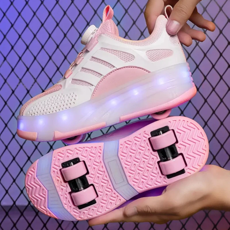 Детские кроссовки для мальчиков, мода 2024, спортивные роликовые коньки для девочек, обувь на колесах, невидимые двухколесные детские кроссовки
