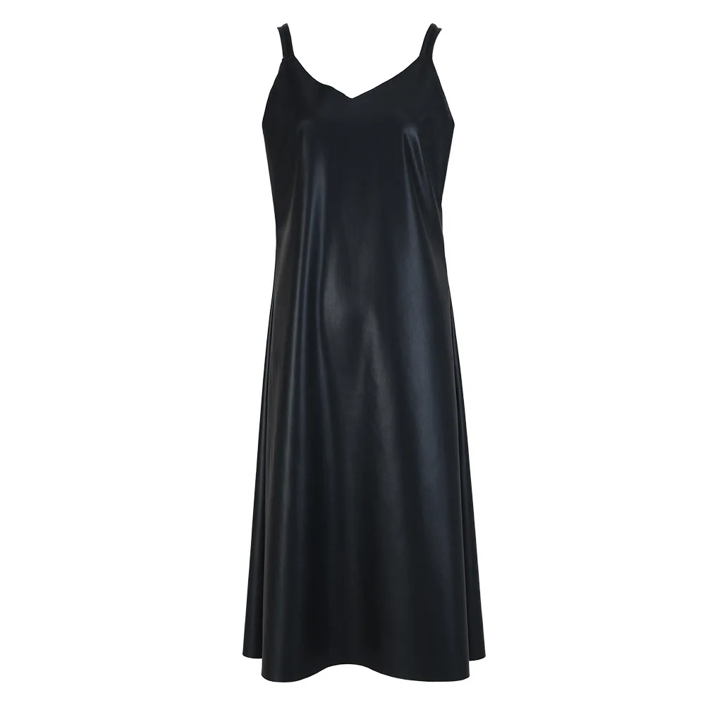 Ärmelloses Hosenträger Pu Kleid Damen Frühling neu locker eine Linie Schlitz schwarz langes Kleid