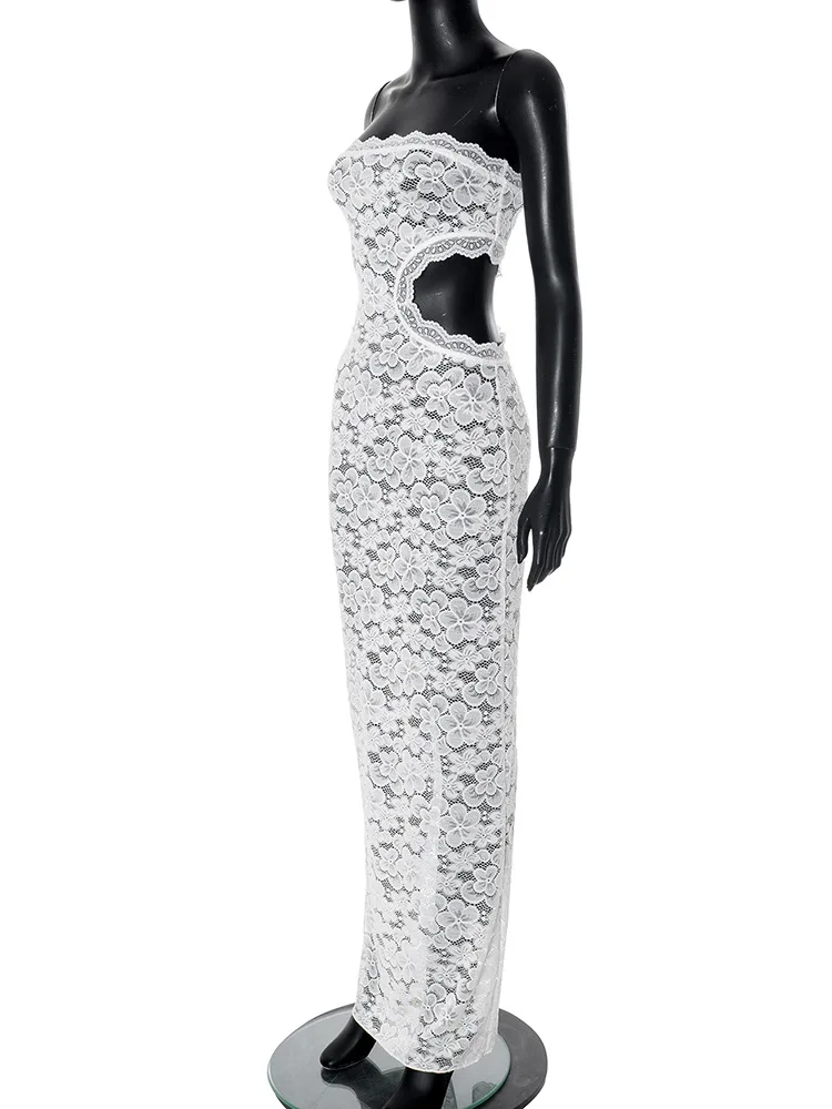 YUZHEXI zijgesneden strapless magere witte kanten jurk dames romantische mouwloze feestjurk